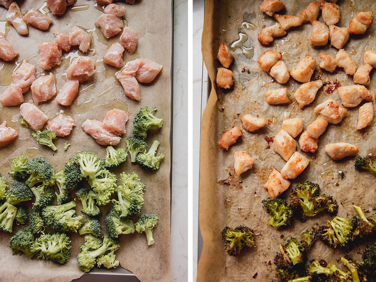 The sheet pan sesame chicken before and after baking.