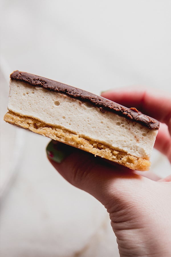 A photo of a gluten-free s'mores bar being held in a hand.