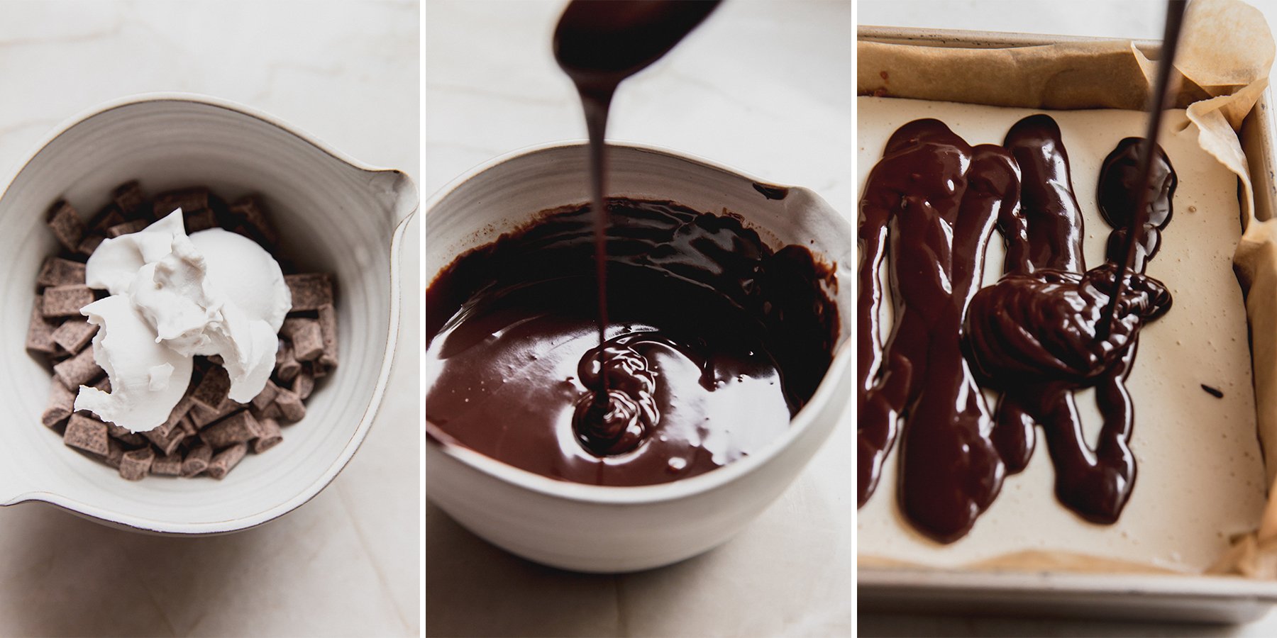 Step by step photos of making the melted chocolate and adding it to the s'mores bars.
