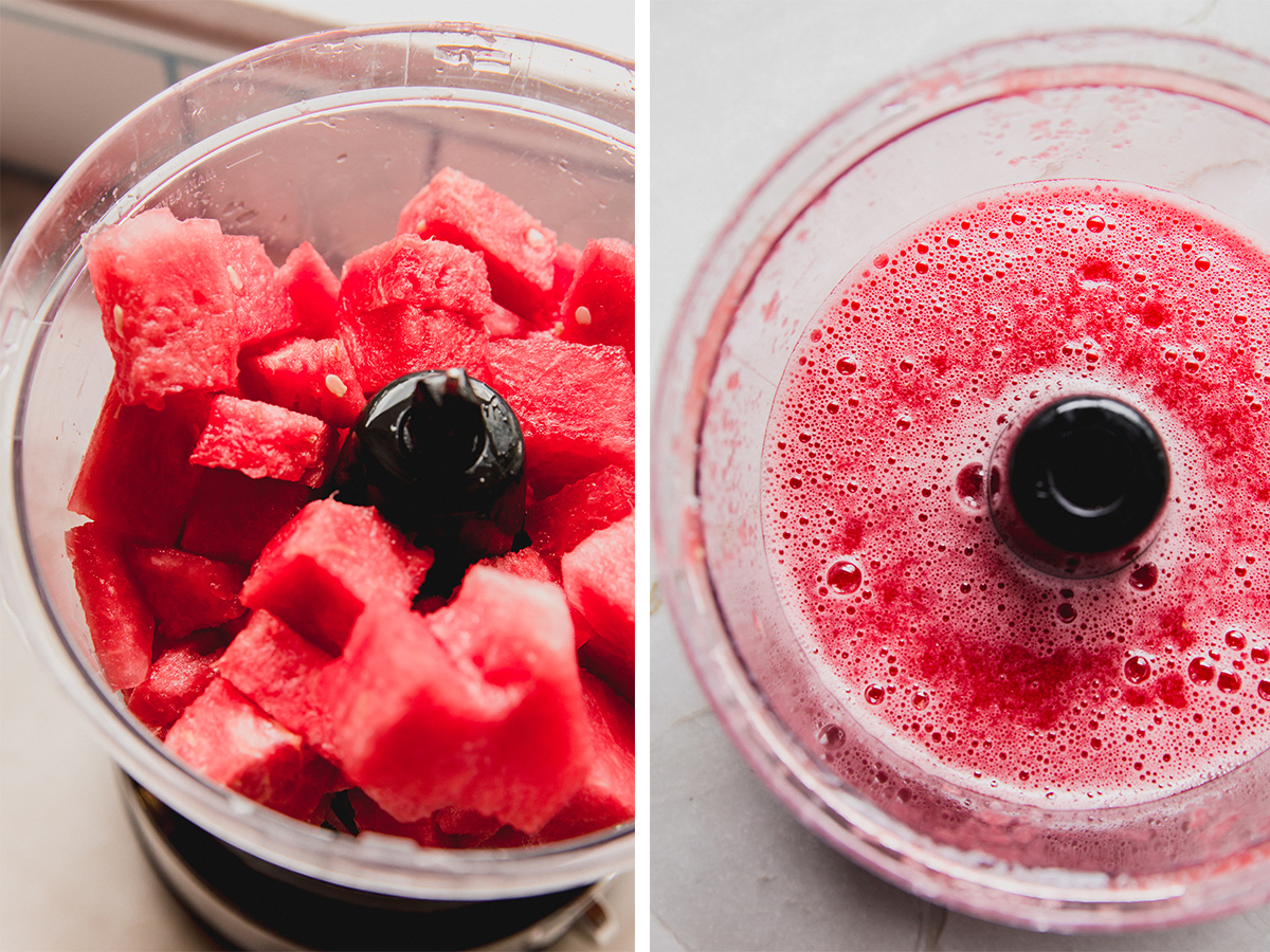 A food processor filled with watermelon before and after blending.