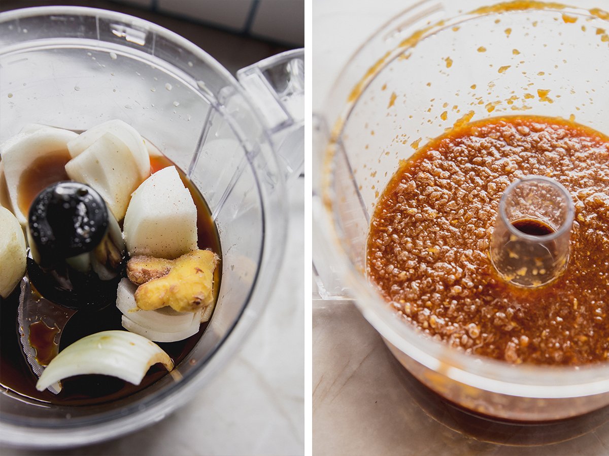 A food processor with ingredients for the hibachi ginger sauce before and after blending.