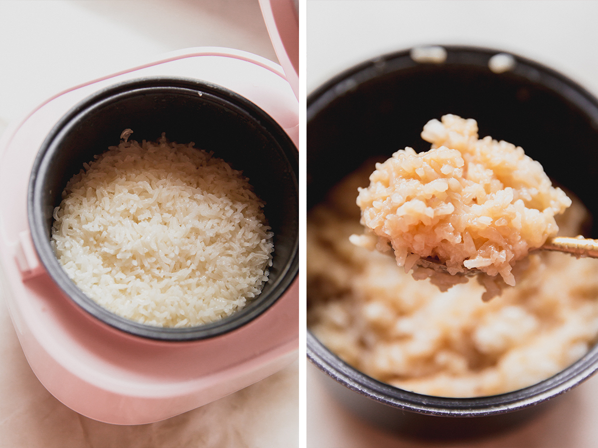 The rice cooker before and after cooking the rice.