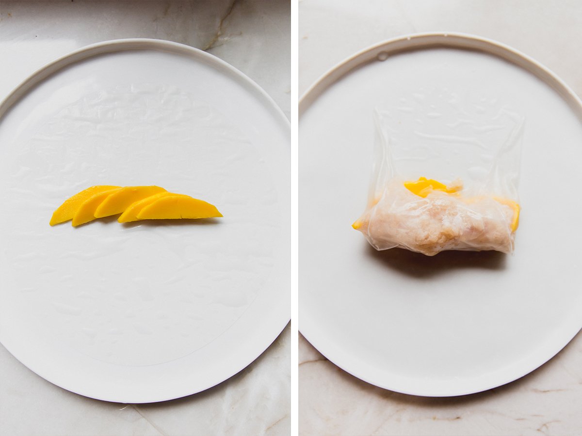 The cut up mango on a plate and then the step of rolling a mango sticky rice rolls.