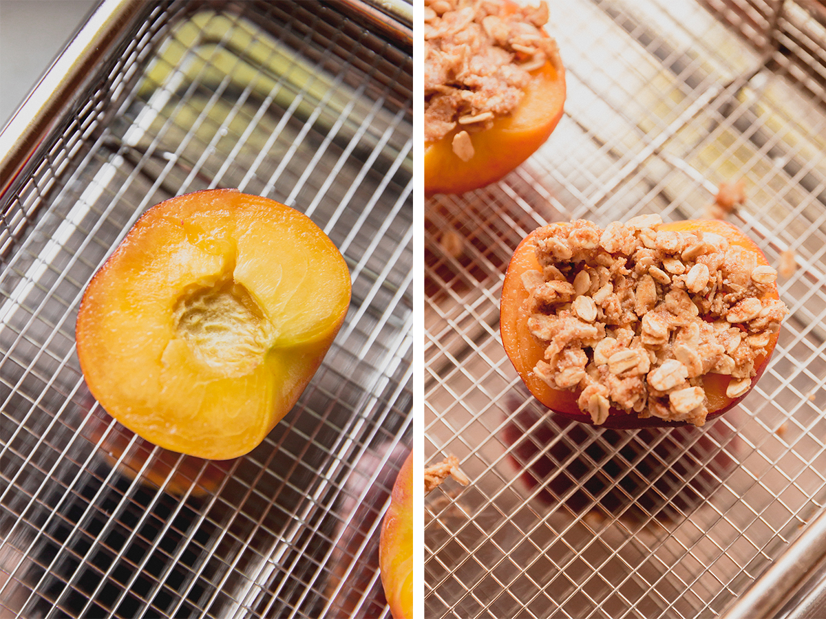 A peach before and after having the crumble topping added to it.