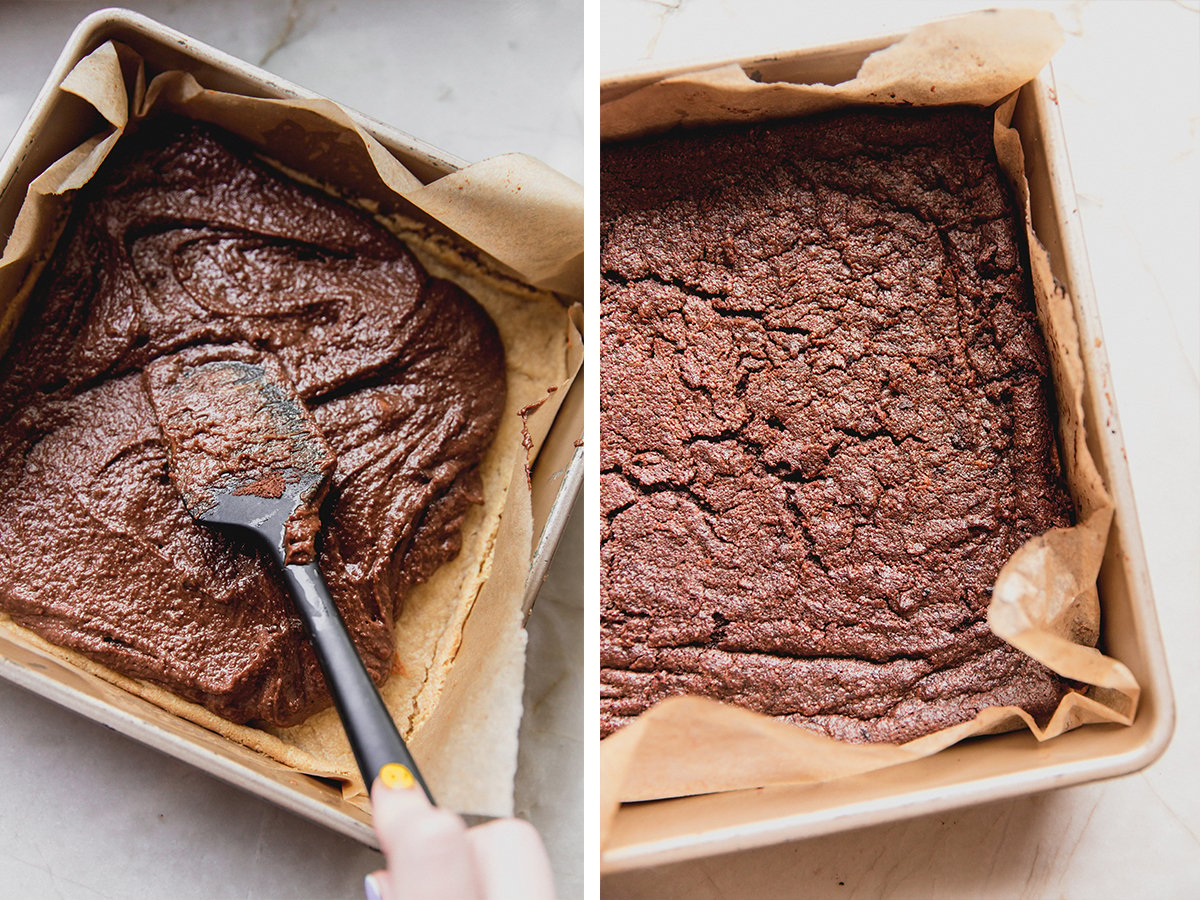 Photos of the brownie layer before and after baking.