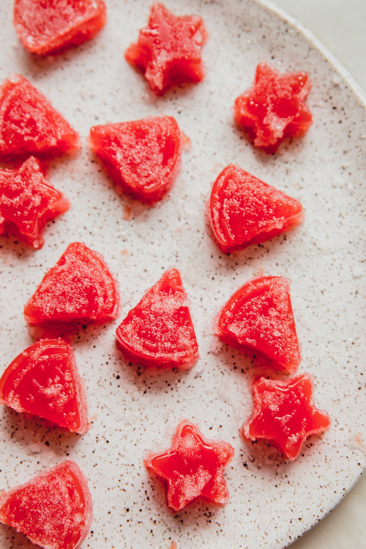 Watermelon gummies on a plate. 