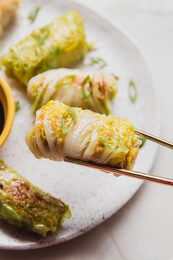 Chopsticks picking up a cabbage roll dumpling that is fully cooked.