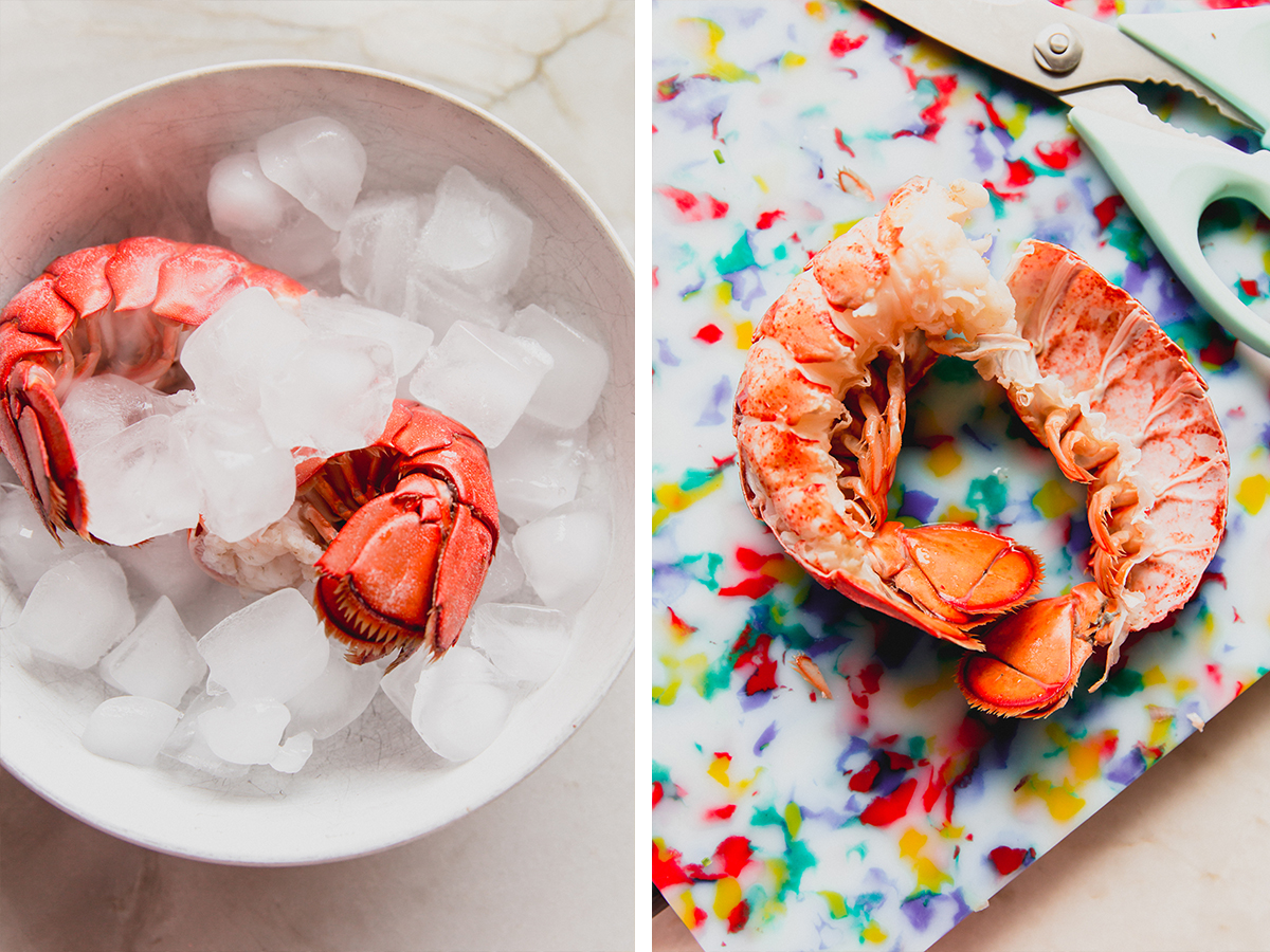 A lobster tail in a bowl of ice being prepared.