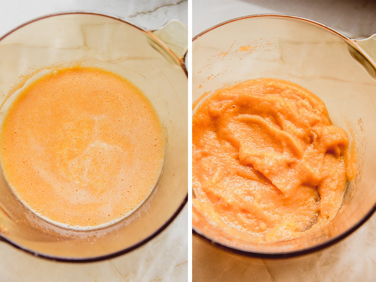 The mixture for the peach ring gummies before and after adding ingredients.