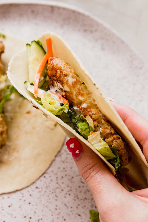 A crispy chicken snack wrap folded in a hand.