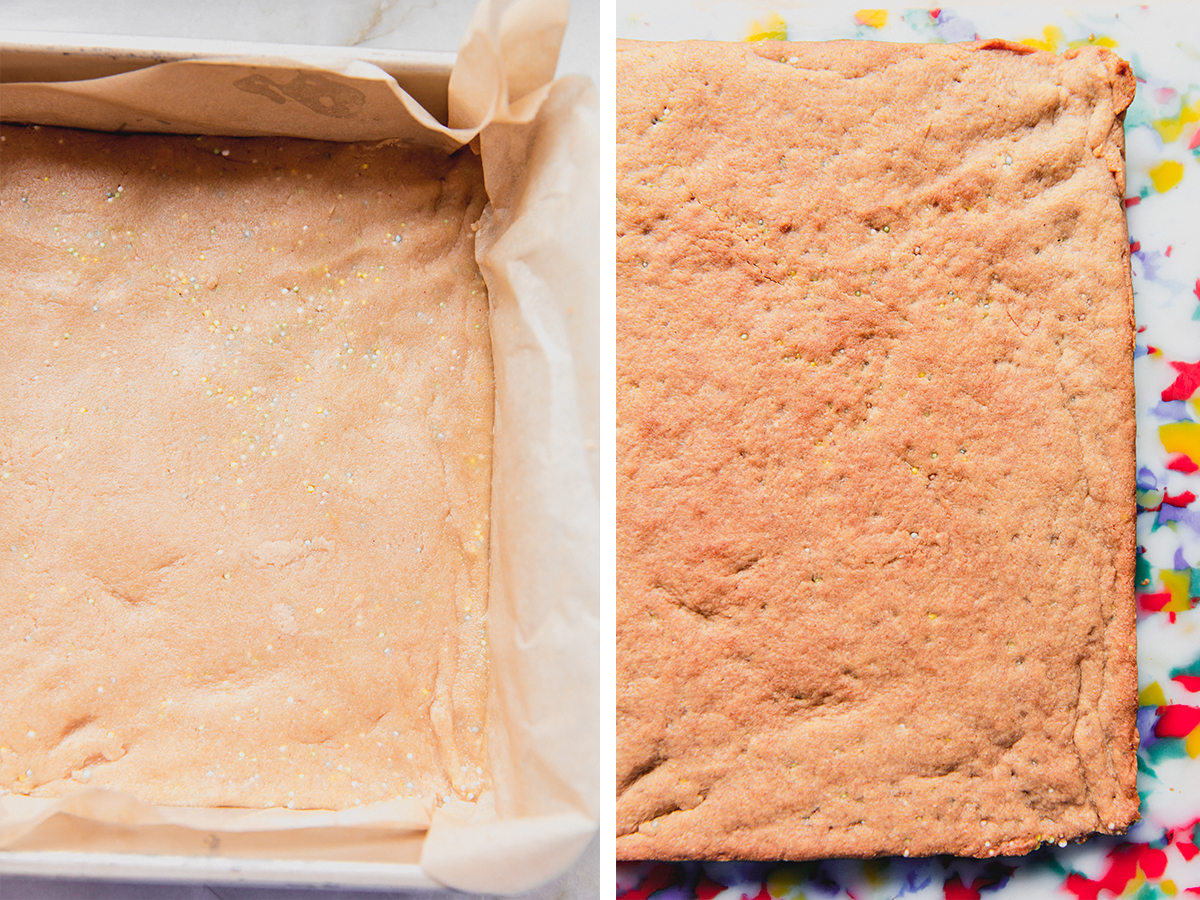 The funfetti pink sugar cookie bars before and after baking.