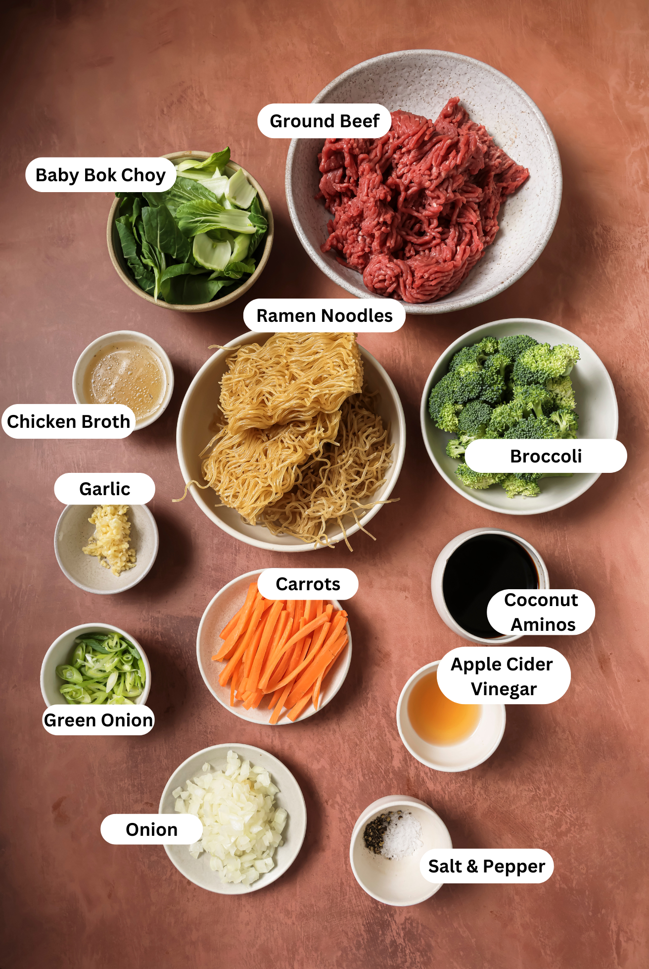 All of the ingredients needed to make the ground beef ramen noodle stir fry.