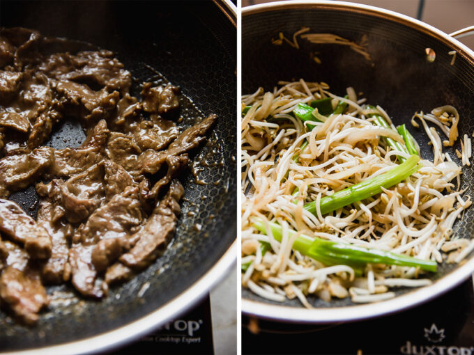 Photos of the wok with the flank steak and then the noodles as well.