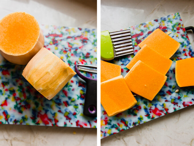 Before and after slicing the butternut squash into slices on a cut board.