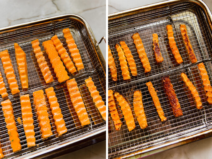 The butternut zig zag fries before and after baking on a baking sheet.