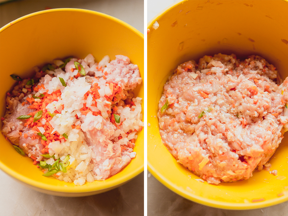 The mixture for the cabbage roll dumplings before and after mixing.