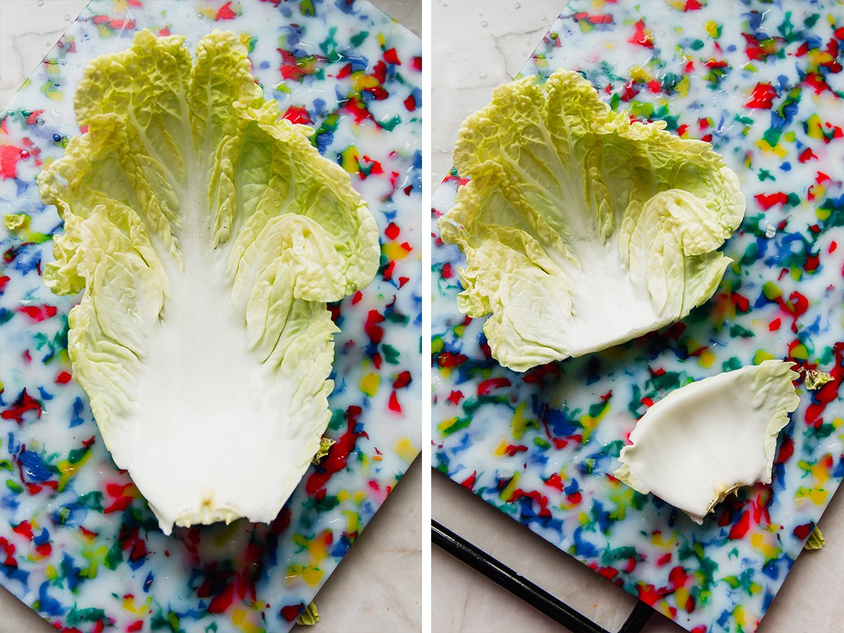 The cabbage for the cabbage roll dumplings before and after cutting.