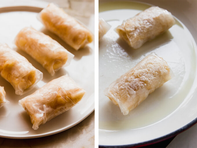 The caramel apple rice paper rolls before and after cooking.