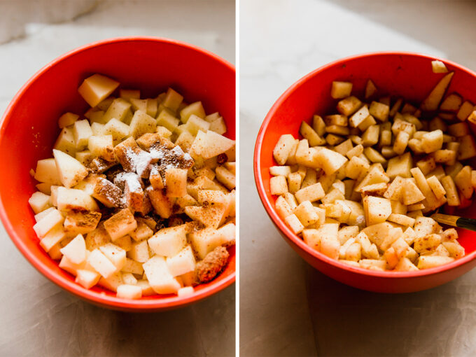 The ingredients for the apple mixture before and after mixing.