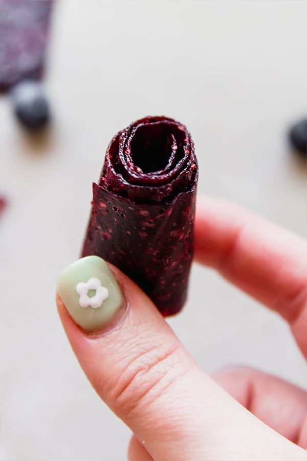 A rolled up homemade fruit roll-up being held between fingers.