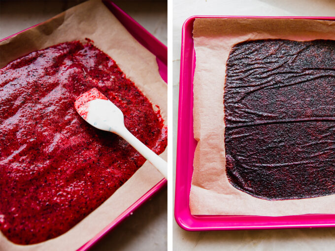 The mixture for homemade fruit roll-ups before and after baking.