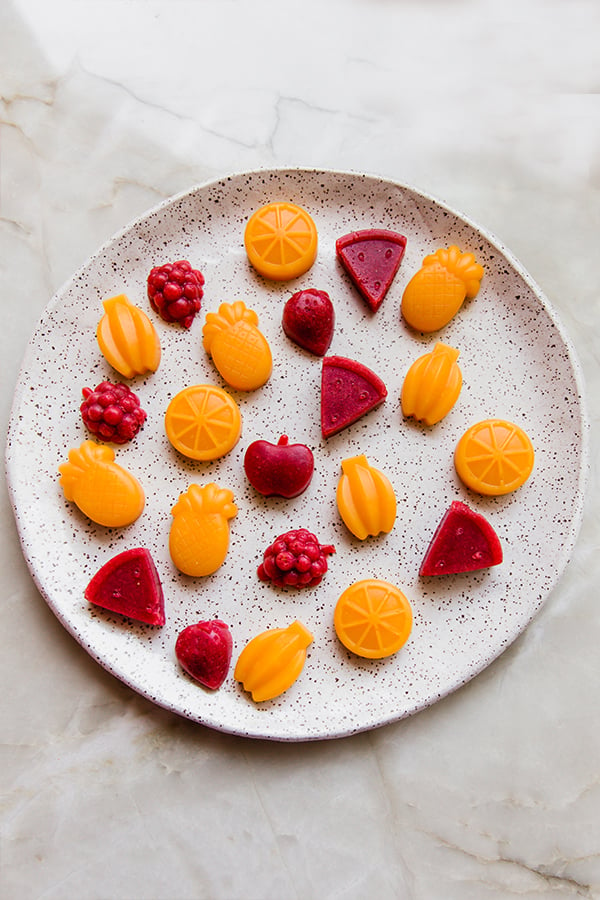 A plate filled with homemade fruit snacks.