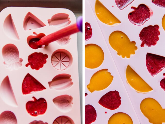 Step by step photos of filling the molds to make homemade fruit snacks. 