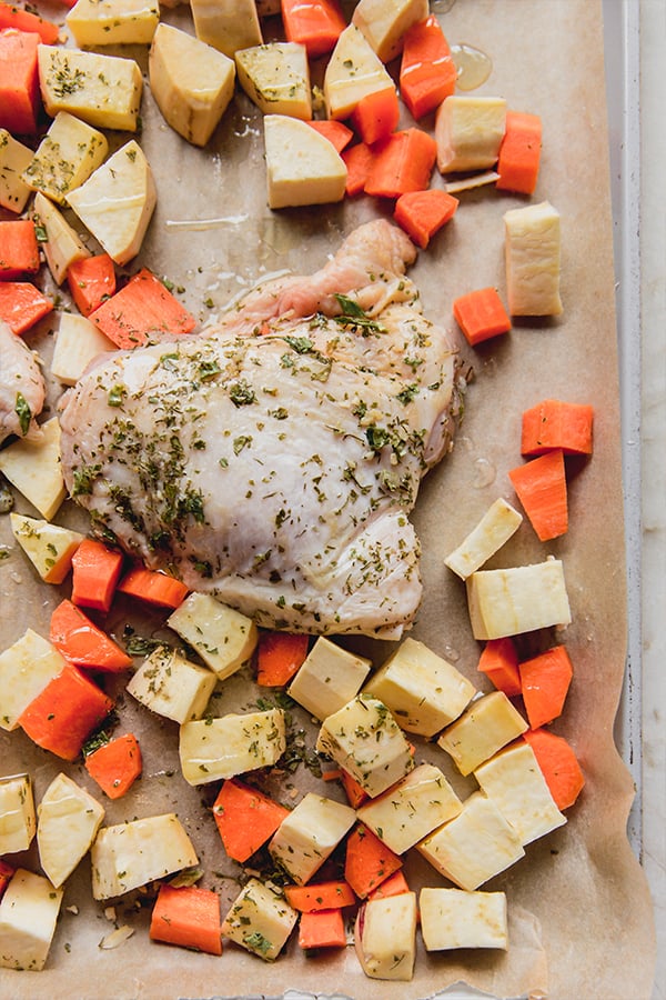 The ranch chicken sheet pan dinner before baking.