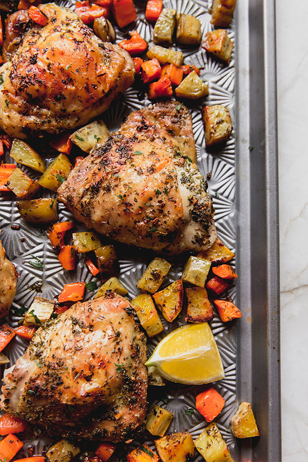 The ranch chicken sheet pan dinner after baking.