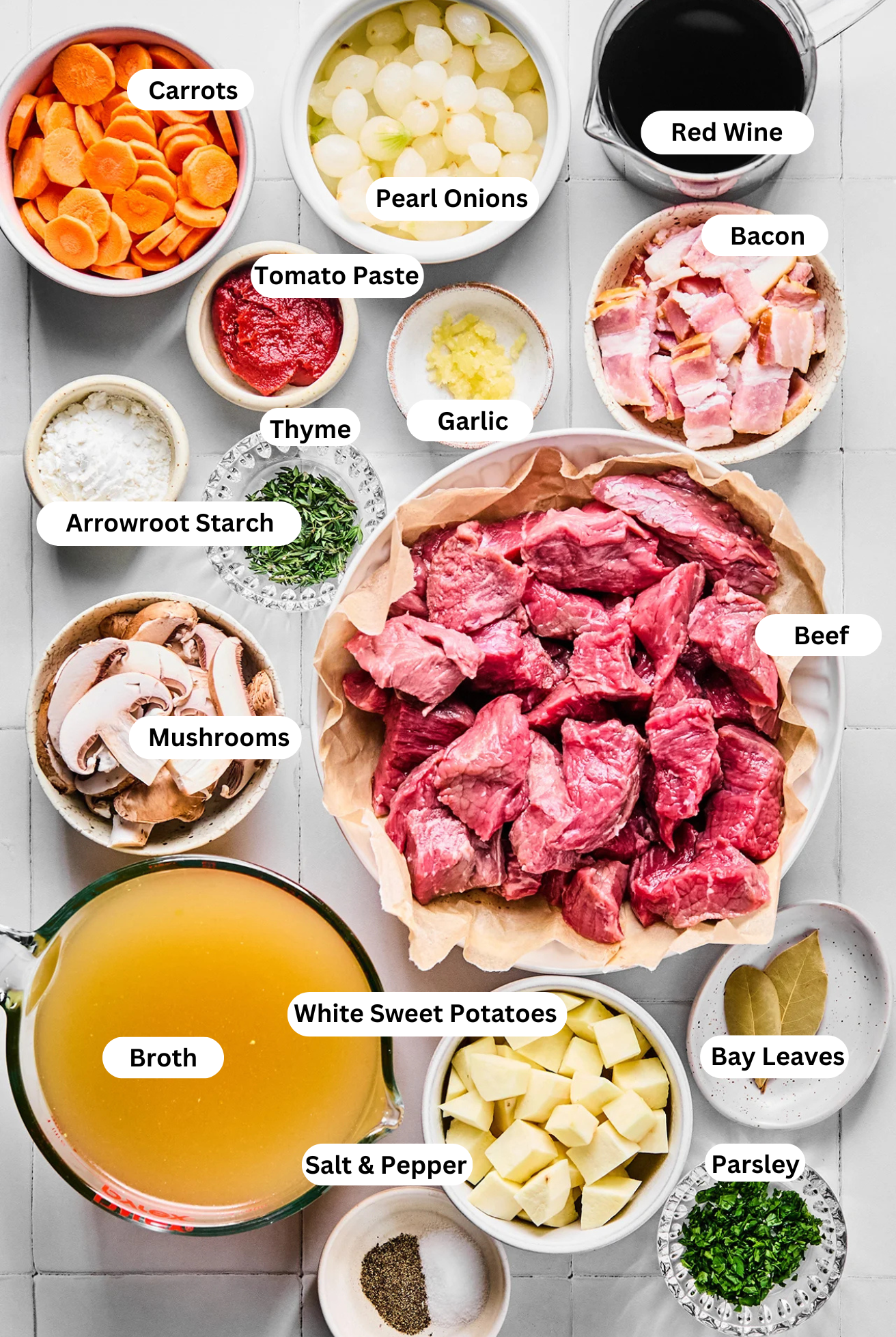 All the ingredients to make beef bourguignon laid out and ready to cook.