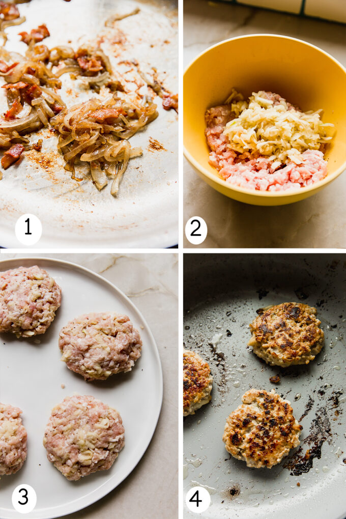 Step by step photos of making, forming, and cooking the apple chicken burgers.