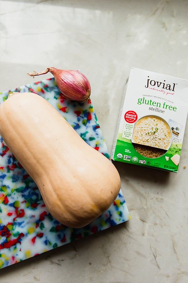 The ingredients for butternut squash stelline lying on the counter.