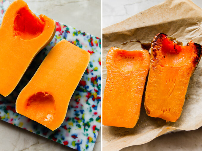 Photos before and after baking the butternut squash.