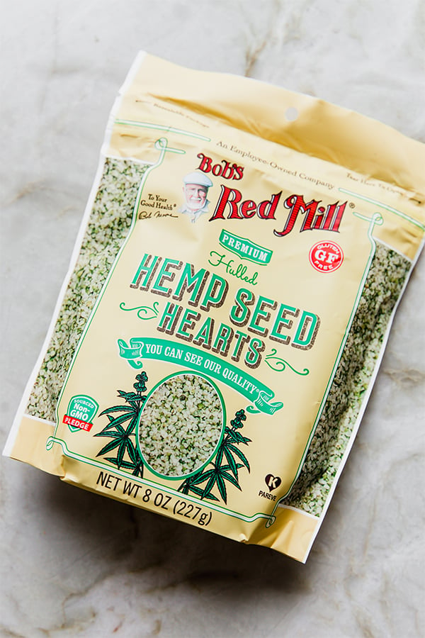 A bag of hemp seed hearts, which are a key ingredient in the recipe.
