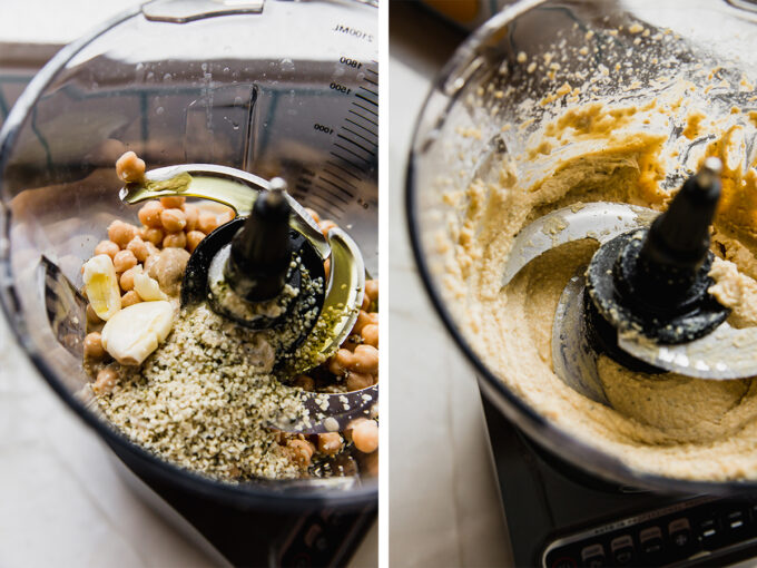 The food processor before and after blending the ingredients.