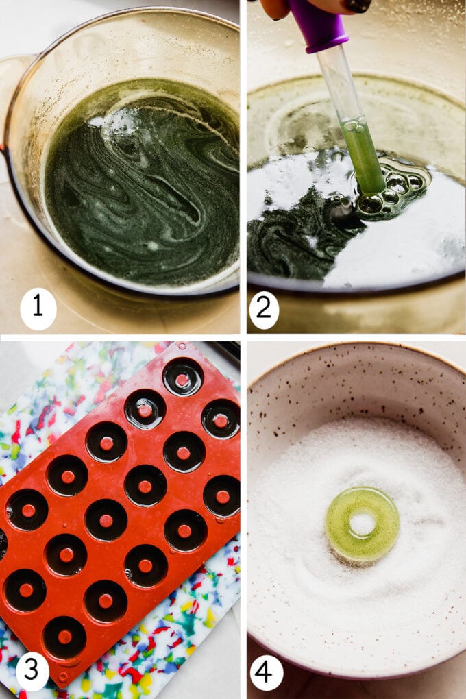 Step by step photos of making the sour apple ring gummies.