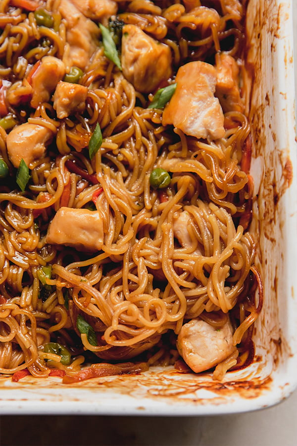 A close up photo of the gluten-free ramen noodle bake.
