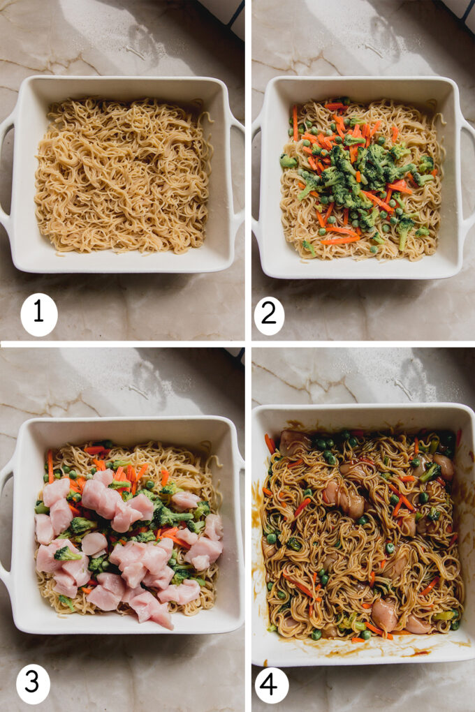 Step by step directions of making the ramen noodle bake.