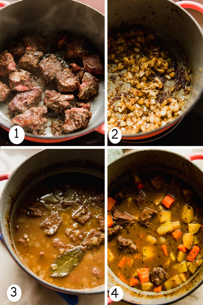 Step by step photos of browning the beef and then making the stew.