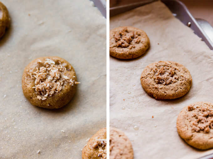 Cookie dough on a sheet pan before baking and after the cookies are taken out of the oven.