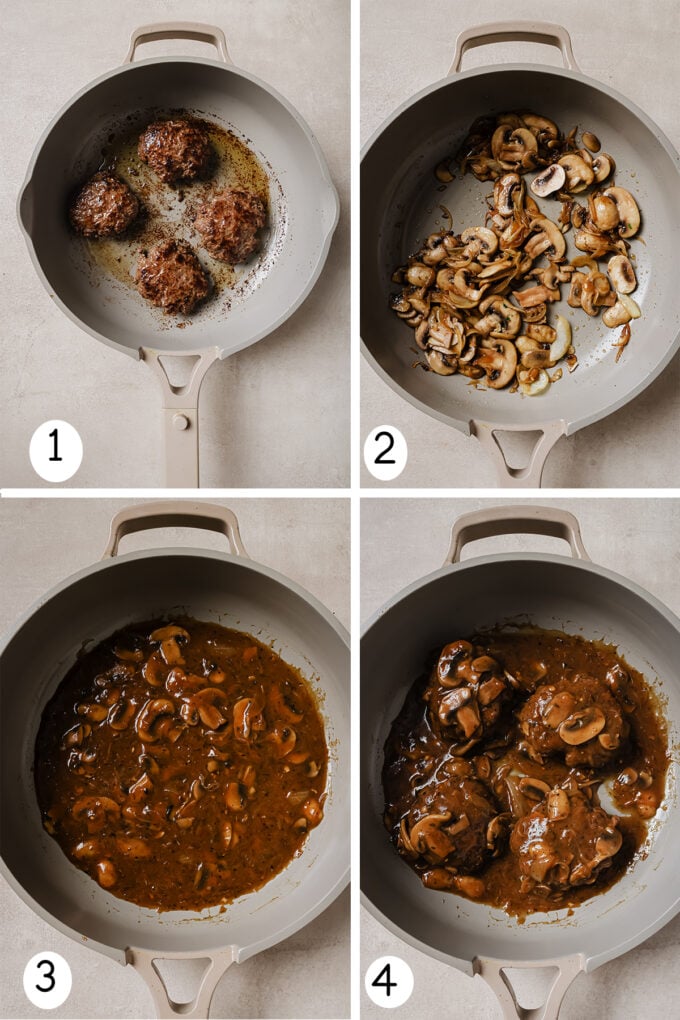 step by step photos of the burgers in a pan, mushrooms in a pan, gravy being made, and the completed dish. 