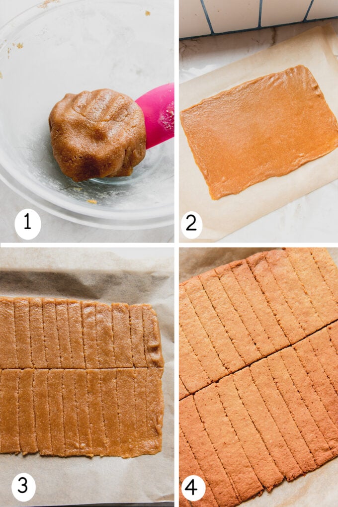 Step by step photos of making and baking the kit kat bar dough.