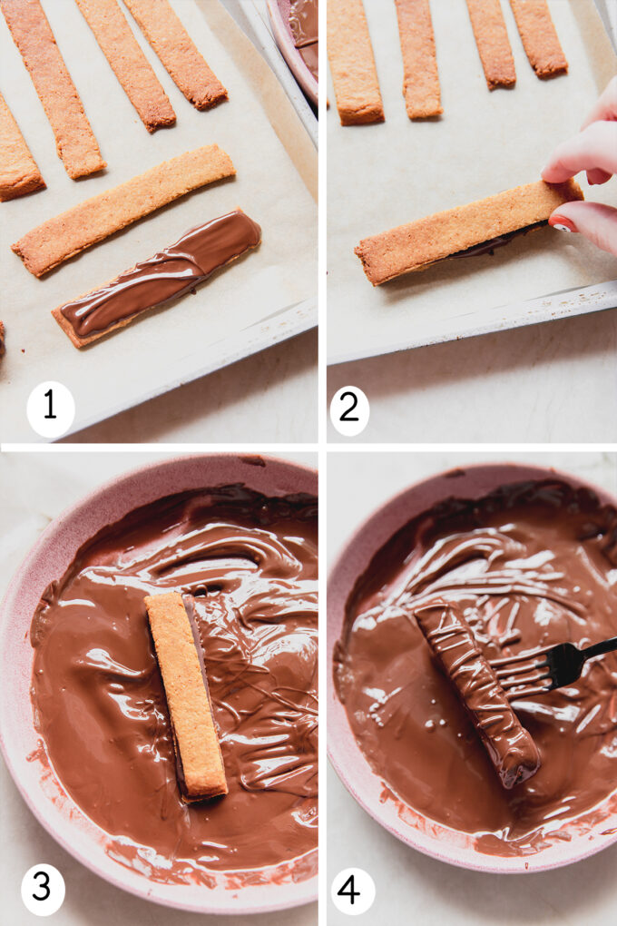 Step by step photos of taking the cookies and adding chocolate to finish the kit kat bars.