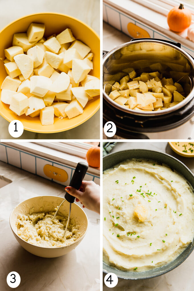 Step by step photos of making the instant pot white sweet potatoes from chopping the potatoes to the dish being finished.