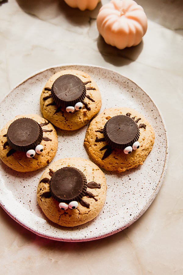 A plate of spider cookies sitting on a counter.