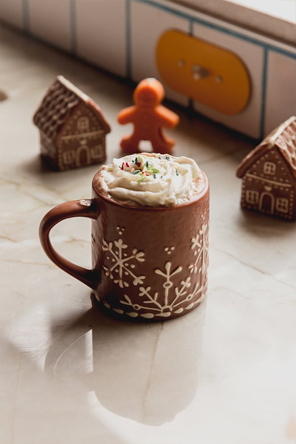 A mug of gingerbread hot cocoa with whipped cream and sprinkles.