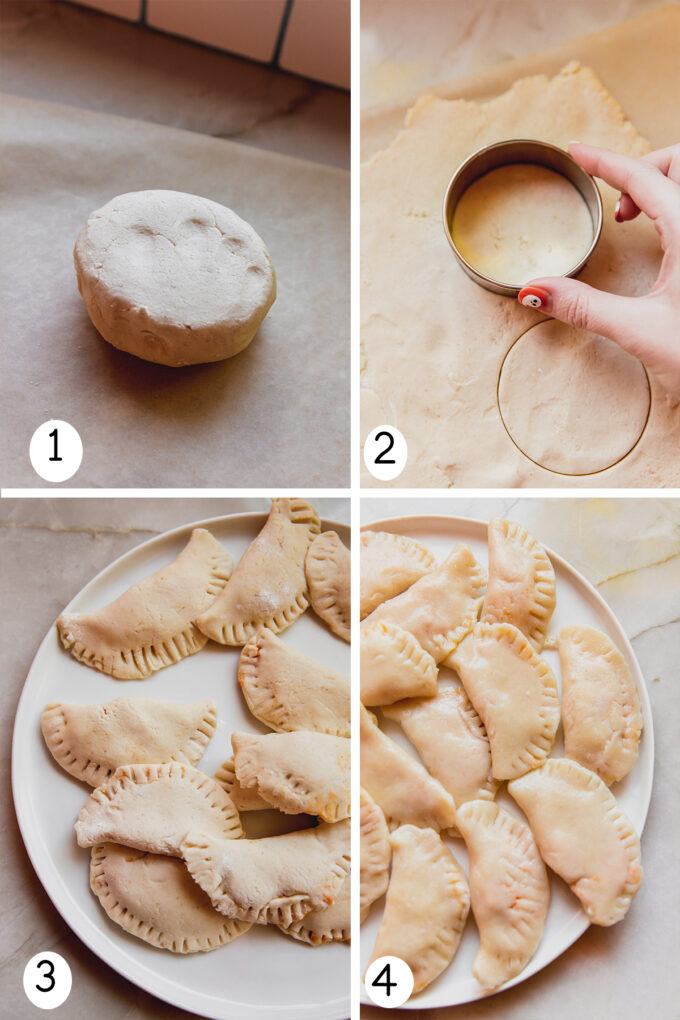 Step by step photos of making the dough and then forming and cooking the pumpkin ricotta pierogies.