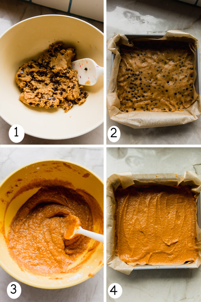 Step by step photos of making and baking the pumpkin pie cookie bars.