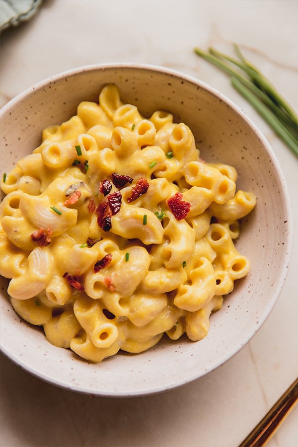 A bowl of dairy-free pumpkin mac and "cheese".