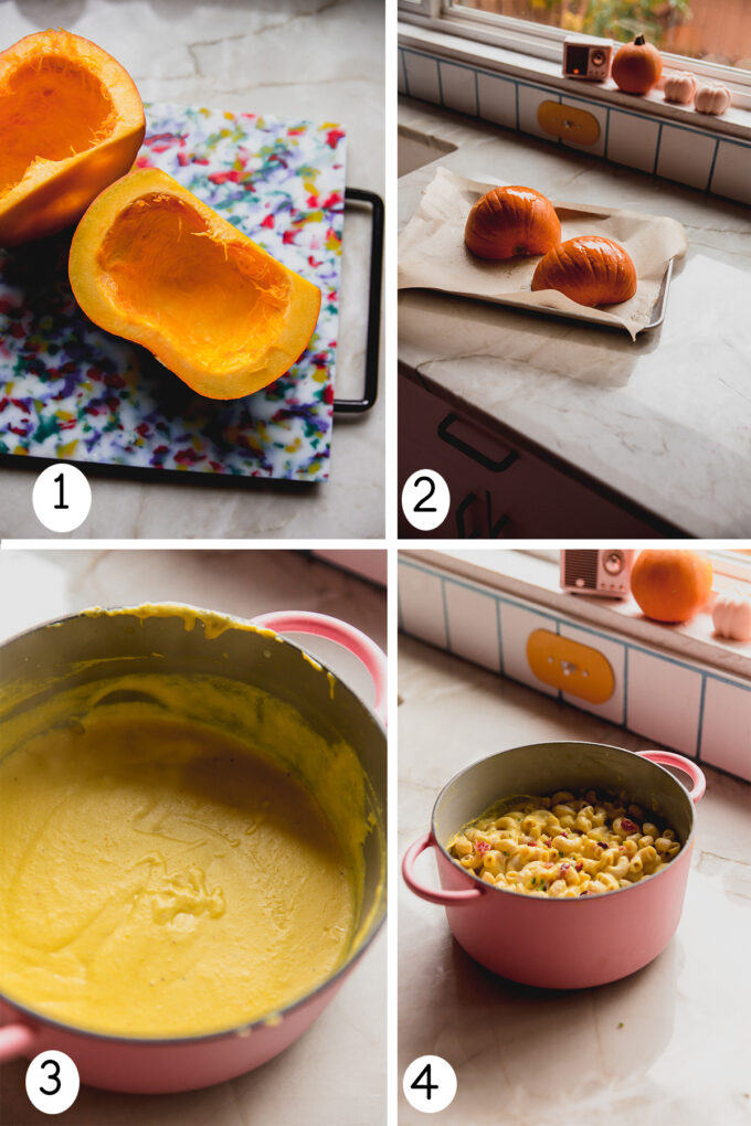 Step by step photos of roasting a pumpkin and making dairy-free pumpkin mac and "cheese".